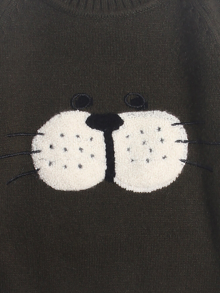 Kids Cute Whiskered Animal Face Olive Green Cashmere Sweater
